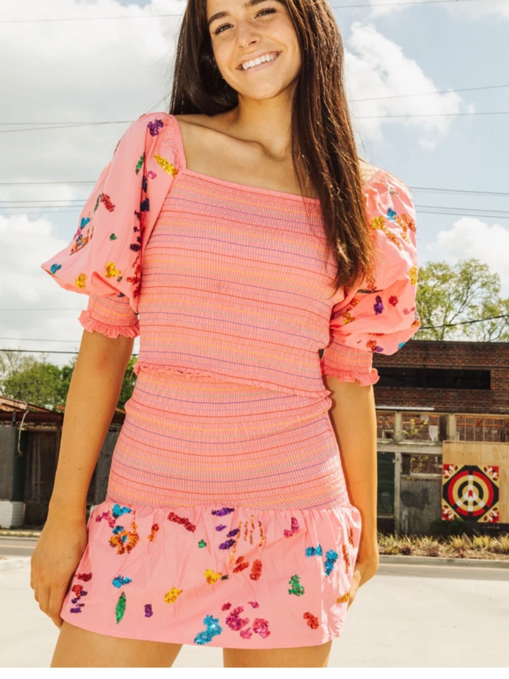 Pink Sequin Splatter Smocked Set
